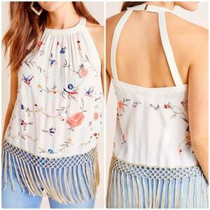 Embroidered Fringe Floral Hummingbird Gatsby Cutout Tank Top